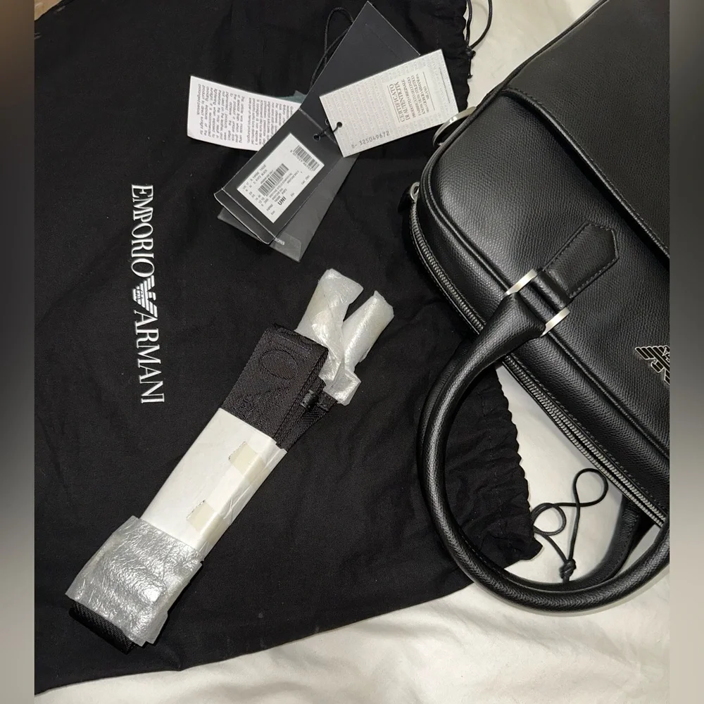 NWT authentic Emporio Armani Black Saffiano leather Briefcase W/ shoulder strap